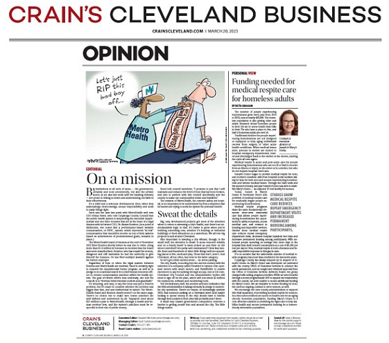 Crain's Cleveland Business publishes Joseph & Mary's Home letter about importance of funding medical respite programs for people experiencing homelessness