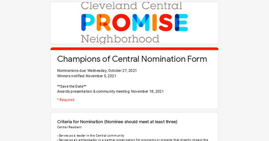 Cleveland Central Promise Neighborhood Champions of Central nominations due by October 27