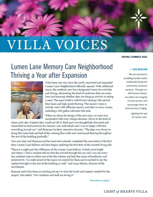 Light of Hearts Villa Lumen Lane Memory Care Neighborhood thriving a year after expansion
